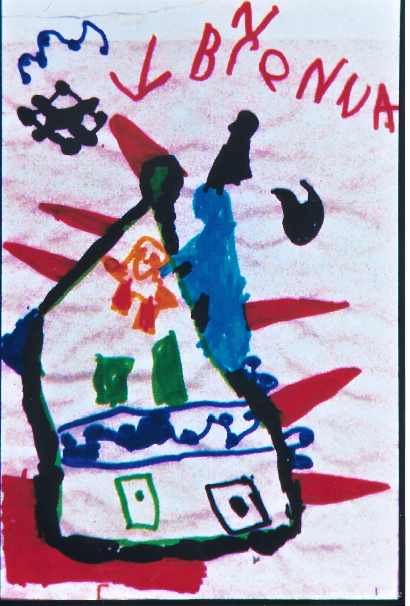 Fig 1. Ch. 6 -The First Week. Brennan's house on day 1, with a little yellow bird trapped in the roof and spears to warn others to stay away.