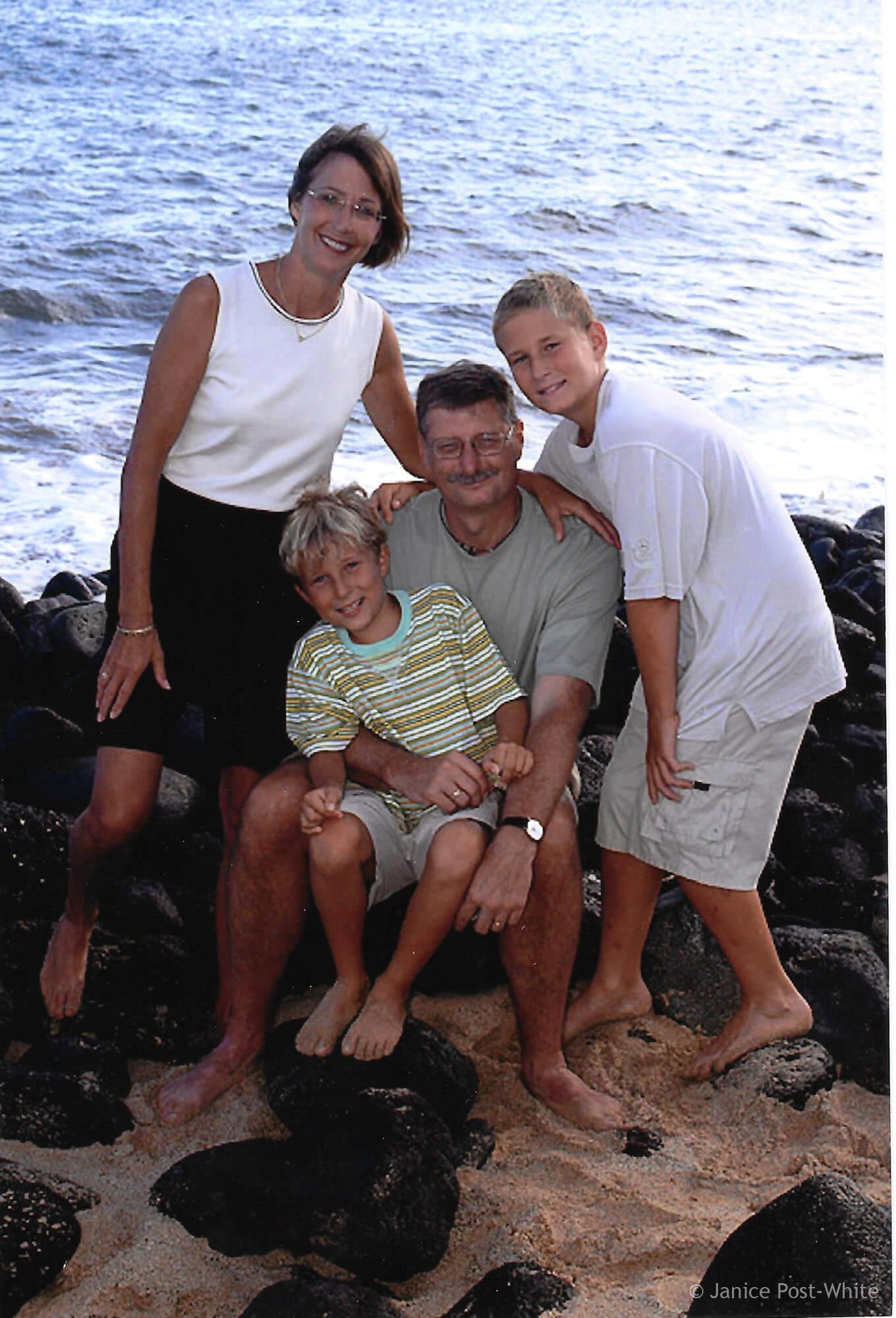 Fig 14. Ch. 24 - Hawaii as Refuge. Janice, Tyler, Duane, and Brennan celebrate off treatment in Hawaii.