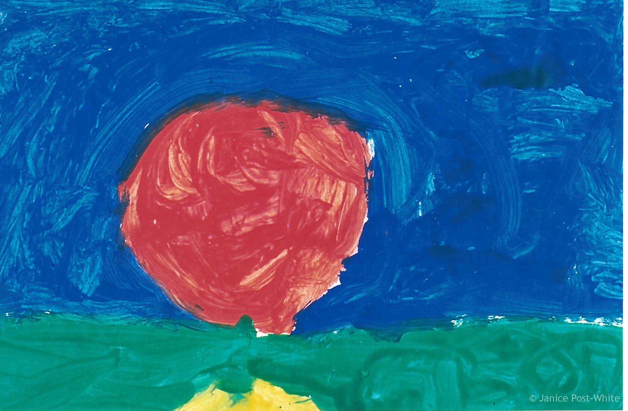 Fig 9. Ch. 15 - Sailing Forward. Brennan's red sun rising, a yellow shadow marking its ascent.